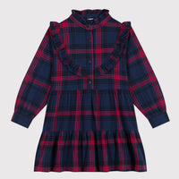 girls navy red ls check ruffle dress