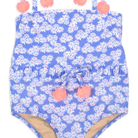 pom pom strap bathing suit blue daisy