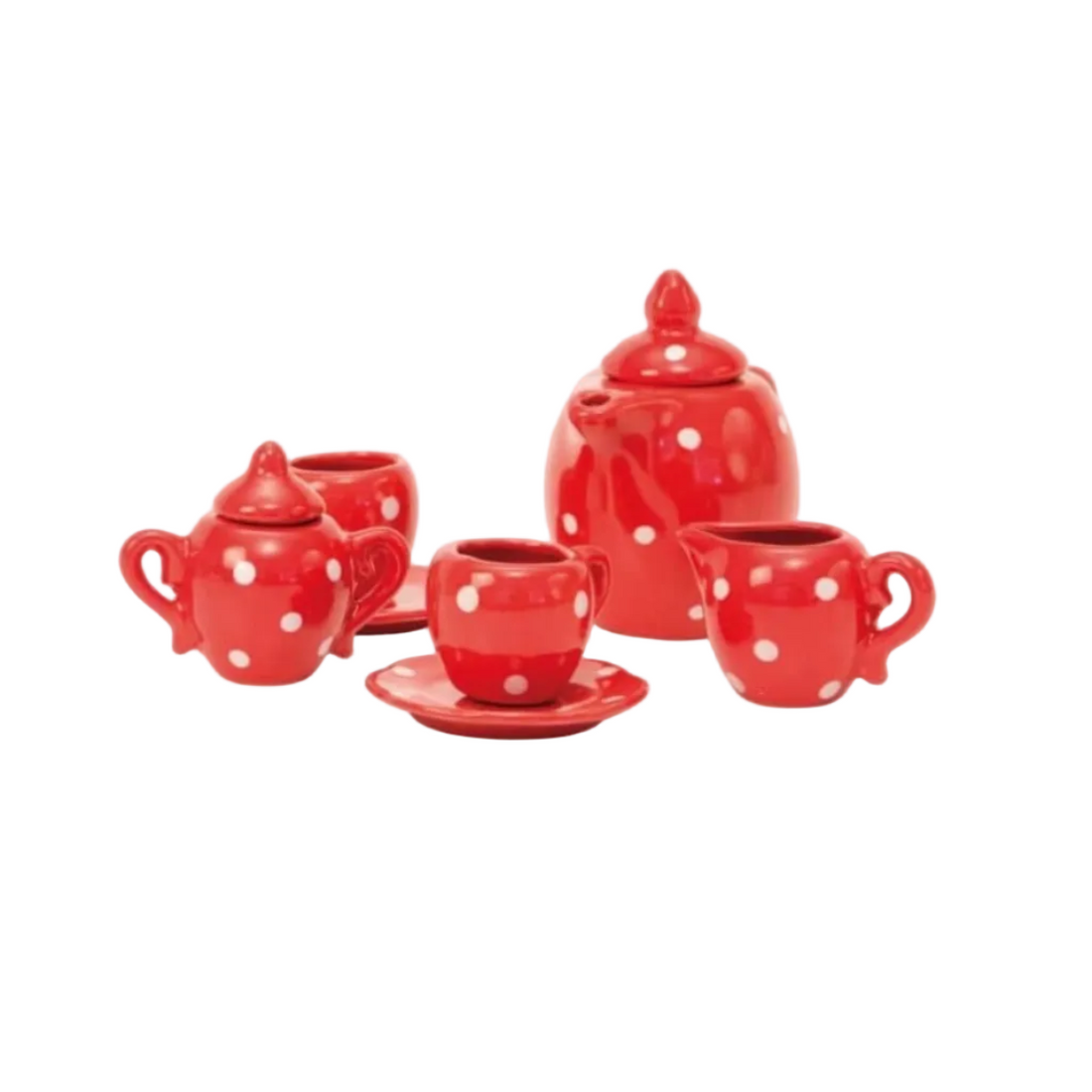 red ceramic tea set