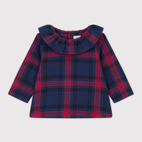 baby navy red ls check blouse