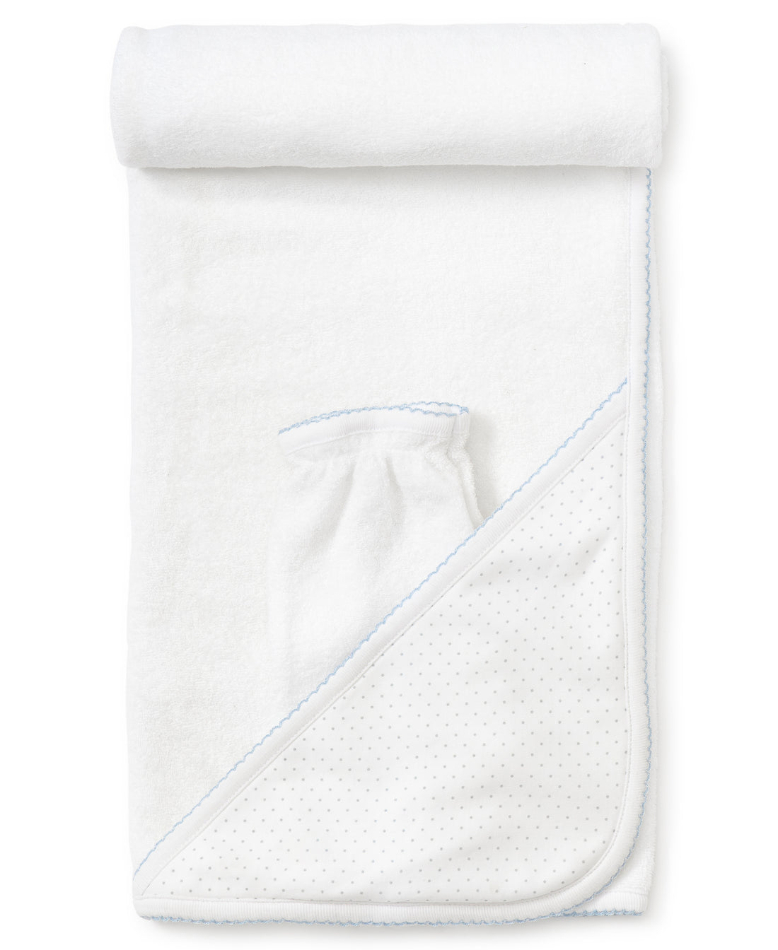 new kissy dots towel with mitt blue and white