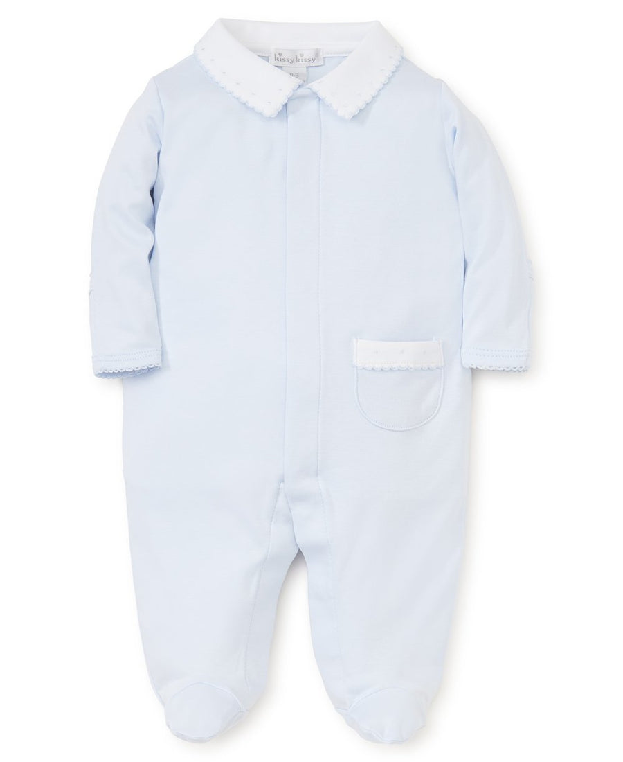 baby kissy new beginnings footie w/collar light blue