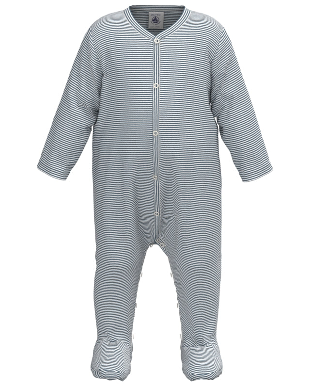 baby striped front snap footie blue white
