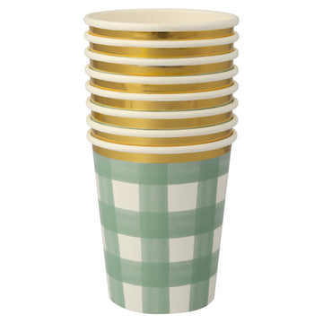 green gingham cups