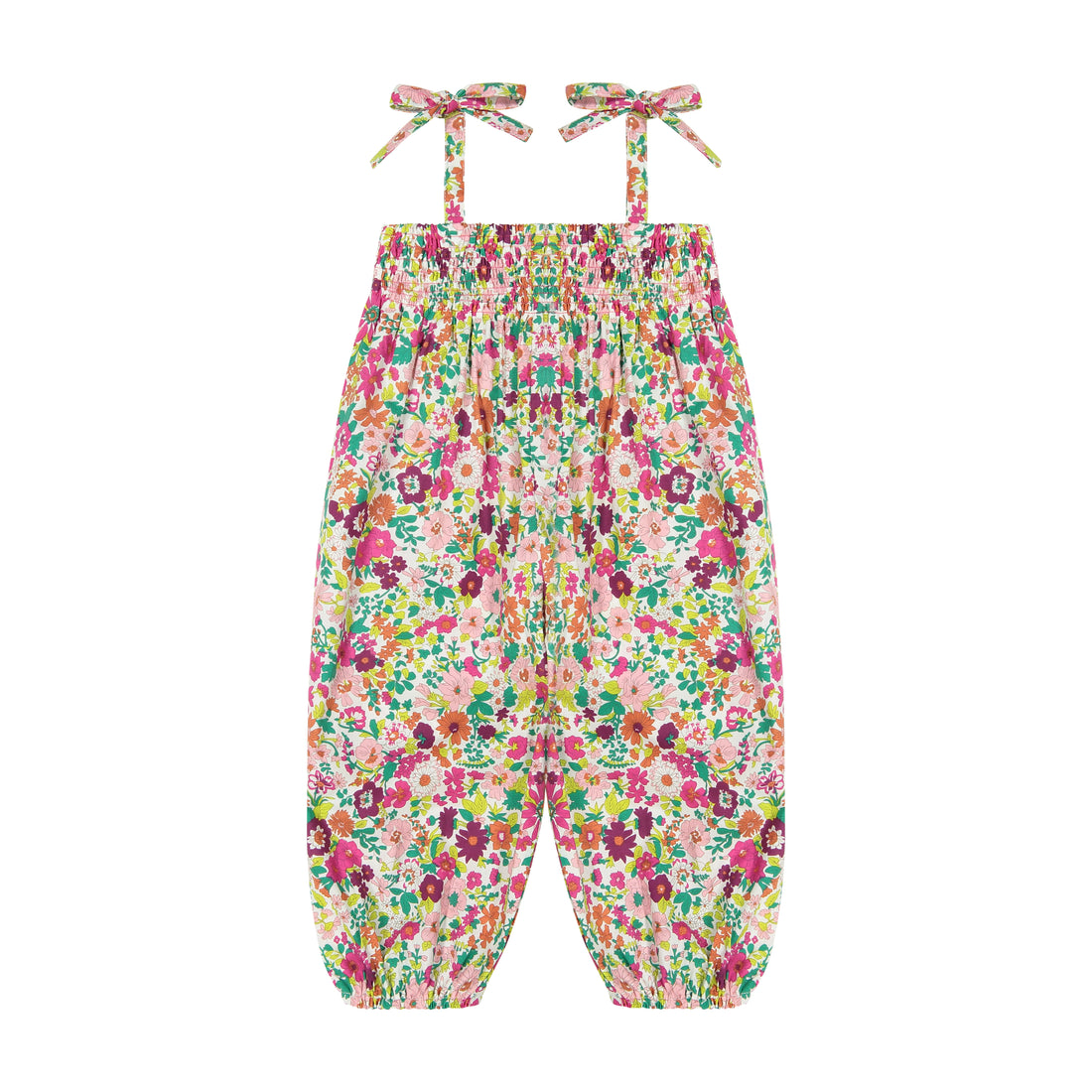 sophie smocked romper fuschia floral