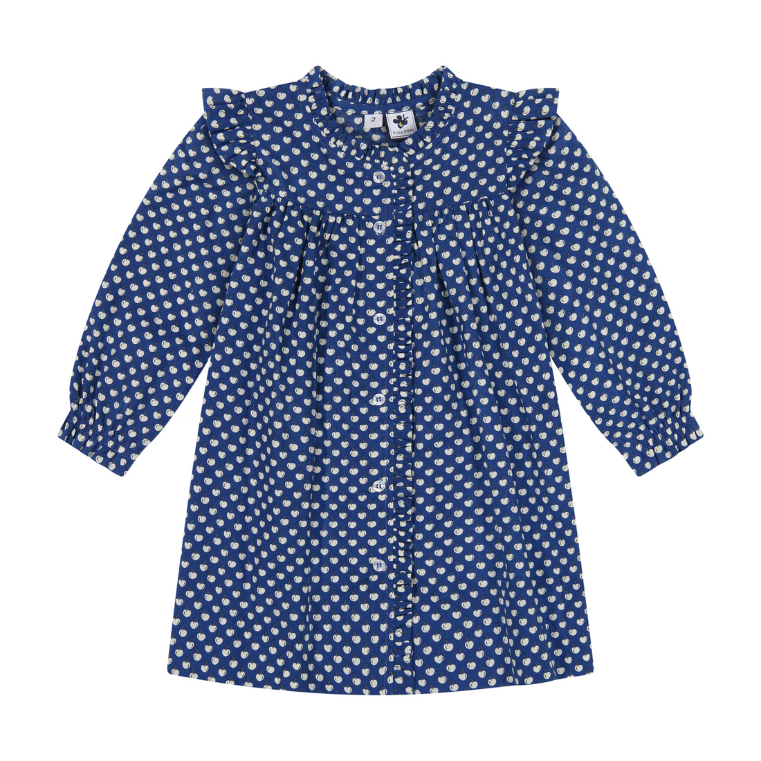baby quinn ruffle front dress blue cherries