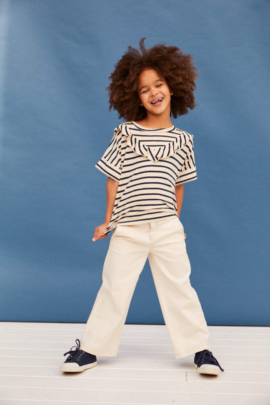 ss striped tee with ruffle collar